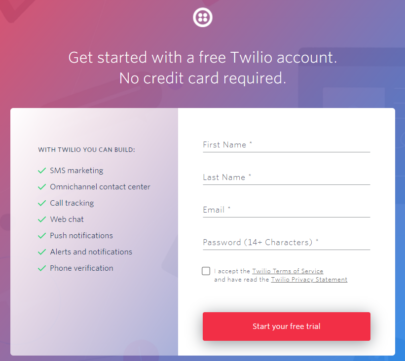 sign up for your twilio trial account